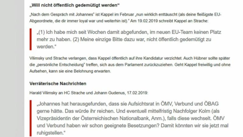 Das Online-Portal „ZackZack.at“ veröffentlichte am Dienstag einen Chatverlauf zwischen Strache und Vilimsky. (Bild: Screenshot/zackzack.at)