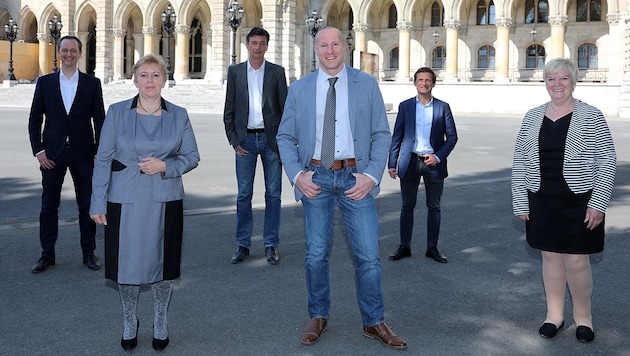Das DAO-Gründertrio (im Hintergrund) und die drei von der Wiener FPÖ zur DAÖ gewechselten Bezirksräte (Bild: Die Allianz für Österreich/Philipp Enders)