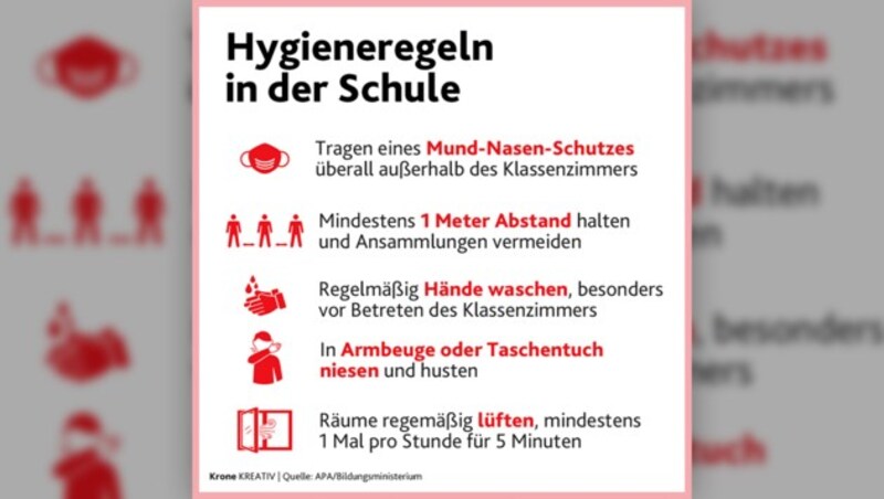 Hinweistafeln wie diese, die beim Schulstart vor den Sommerferien teilweise aufgehängt wurden, dürften Schüler wohl weiterhin begleiten. (Bild: Krone KREATIV)