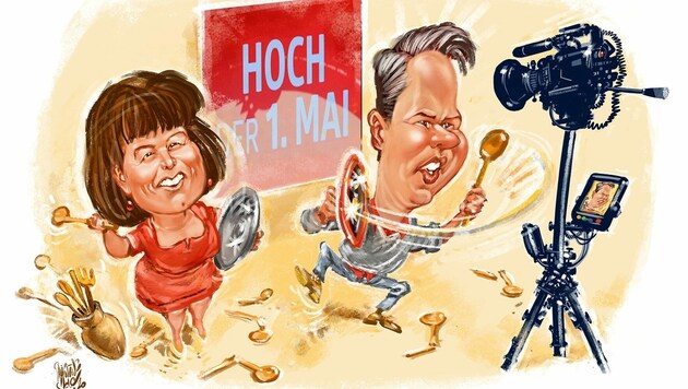 Birgit Gerstorfer und Georg Brockmeyer proben die 1. Mai-Challenge schon mithilfe unsere Karikaturisten. (Bild: Milan A. Ilic)
