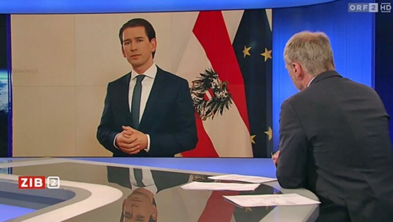 Kanzler Kurz im Gespräch mit „ZiB 2“-Moderator Armin Wolf (Bild: Screenshot/ORF)