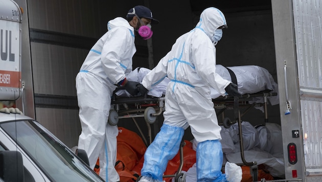 Derzeit ist noch unklar, wie viele der in den Kühl-Lkw entdeckten Leichen im Zusammenhang mit einer Infektion mit dem Coronavirus stehen. (Bild: AP)