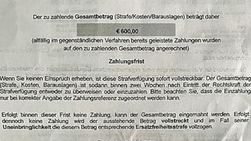 600 Euro Strafe (Ausrisse) (Bild: Privat)