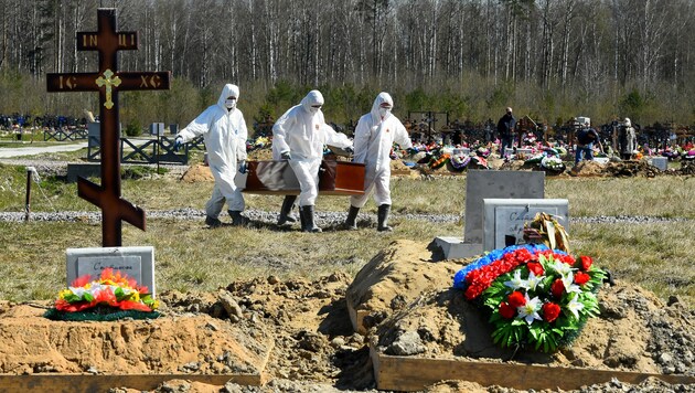 Friedhofsmitarbeiter bringen einen Covid-Verstorbenen zum Grab. (Bild: AFP)