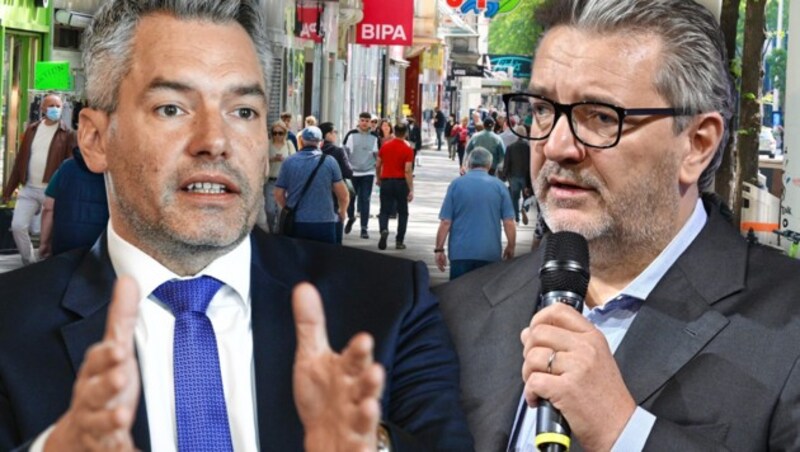 Wiens Stadtrat Peter Hacker (SPÖ, re.) hätte sich gerne unterhalten. Innenminister Karl Nehammer (ÖVP) lehnte die Einladung ab. (Bild: APA/Hans Punz, Reinhard Holl, Zwefo, krone.at-Grafik)