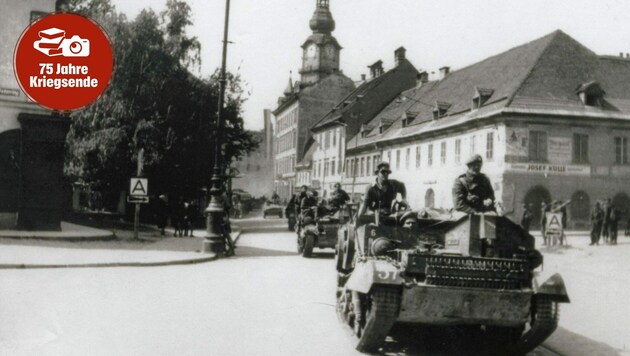 Die britische Armee am Weg von Klagenfurt nach St. Veit. (Bild: Landesarchiv Kärnten)