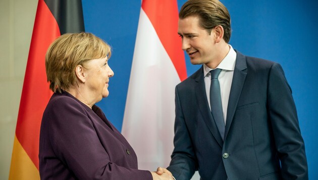 Noch im Februar besuchte Kurz die deutsche Bundeskanzlerin Angela Merkel in Berlin. (Bild: APA/dpa/Michael Kappeler)