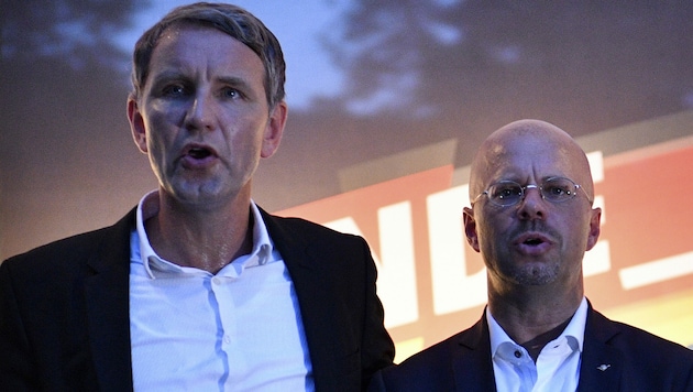 Björn Höcke und Andreas Kalbitz gehören zum rechten Lager der AfD. (Bild: APA/AFP/John MACDOUGALL)