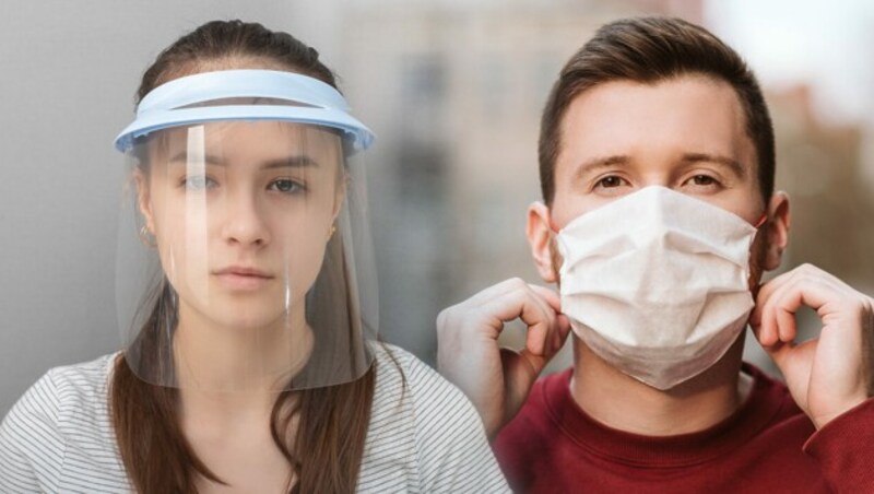 Laut Gesundheitsministerium ist das Tragen eines Mund-Nasen-Schutzes (rechts) den sogenannten Face Shields vorzuziehen, das soll auch per Verordnung geregelt werden. Für Personen, die aus gesundheitlichen Gründen keine schließende Maske tragen können, soll es gesetzliche Ausnahmen geben. (Bild: stock.adobe.com, krone.at-Grafik)