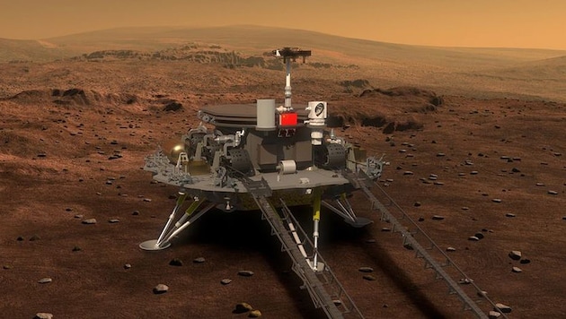 Künstlerische Darstellung: Der Lander samt Rover „Zhurong“ auf der Mars-Oberfläche (Bild: CNSA)