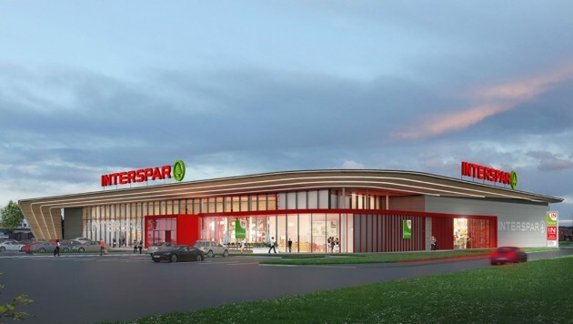 Im Frühjahr 2021 eröffnet der neue Interspar in Perg. (Bild: Interspar/ArchitekturConsult ZT GmbH)