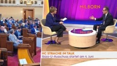 Strache beim Polit-Talk (re.) und die FPÖ-Fraktionsmitglieder ohne Abstand oder Masken im Gemeinderat (Bild: twitter.com/chriswiederkehr, Puls24, krone.at-Grafik)