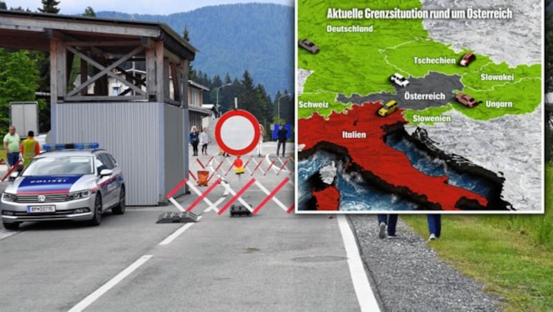 Die aktuelle Situation rund um Österreich: Die Grenzen zu allen Nachbarn (in der Grafik grün) sind offen - außer Italien (rot). (Bild: Hermann Sobe, Krone KREATIV, krone.at-Grafik)