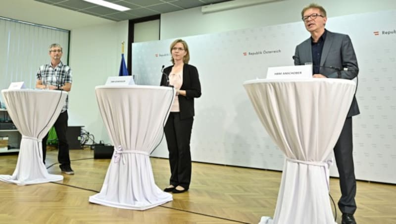 Umweltmediziner Hans-Peter Hutter, Klimaschutzministerin Leonore Gewessler und Gesundheitsminister Rudolf Anschober (Bild: APA/HANS PUNZ)