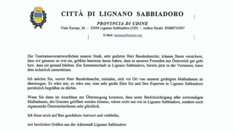 Mit einem Schreiben wollte die Stadt an der Adria Kanzler Kurz davon überzeugen, sich die Gegebenheiten vor Ort anzusehen. (Bild: Cittá di Lignano)