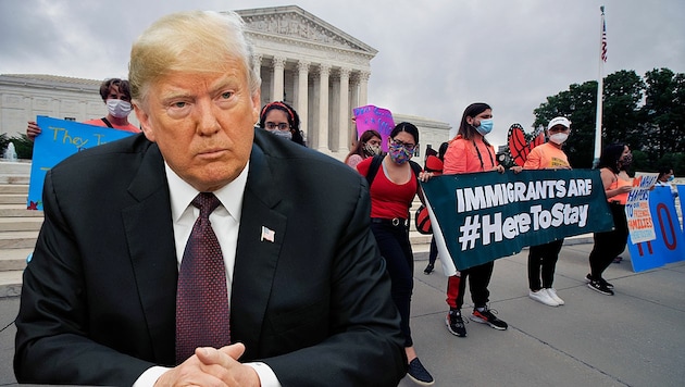 Diese Demonstranten hatten es schon vor dem Urteil gewusst: US-Präsident Donald Trump darf die unter dem sogenannten „Dreamer“-Schutzpogramm stehenden Migranten nicht abschieben. (Bild: AFP, AP, krone.at-Grafik)