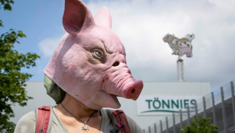 Demonstranten prangern die Zustände beim Fleischbetrieb Tönnies an. (Bild: AP)