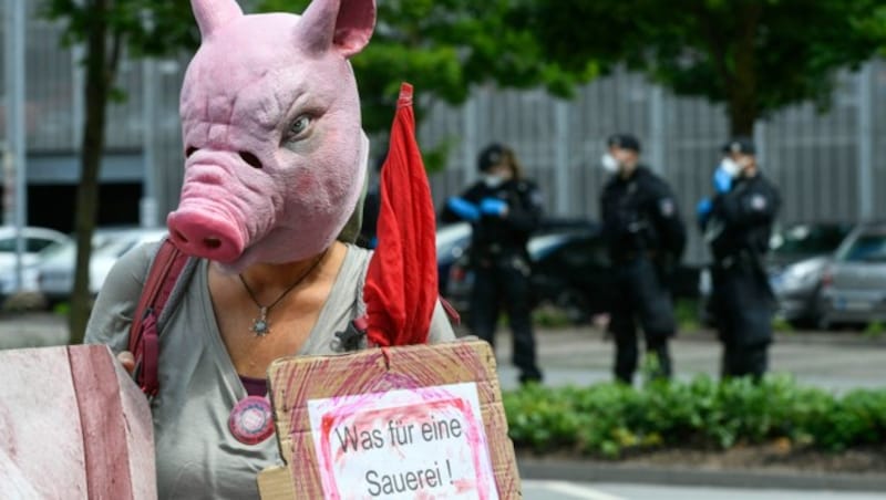 Demonstranten prangern die Zustände beim Fleischbetrieb Tönnies an. (Bild: AFP )