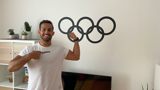 Motivation an der Wand: Aker Al Obaidi hat die Olympischen Ringe gemalt, um sein großes Ziel stets vor Augen zu haben. (Bild: Aker Al Obaidi)