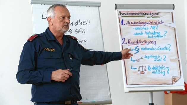 Im Unterrichtsfach Menschenrechte werden während der Grundausbildung unter anderem reale Polizeifälle analysiert. (Bild: Klemens Groh)