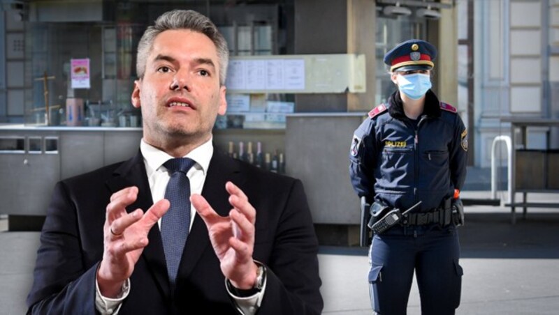 Innenminister Nehammer hat schon mehrfach betont, dass die Polizei eine stärkere Rolle im Zuge der Corona-Pandemie übernehmen soll. (Bild: APA/ROLAND SCHLAGER, APA/HELMUT FOHRINGER, krone.at-Grafik)