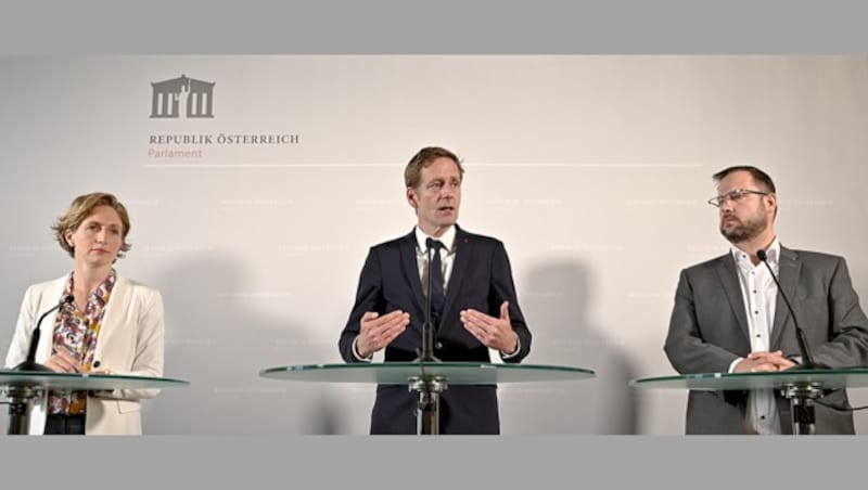 Die Fraktionsführer im U-Ausschuss Stefanie Krisper (NEOS), Jan Krainer (SPÖ) und Christian Hafenecker (FPÖ) (Bild: APA/HERBERT NEUBAUER)