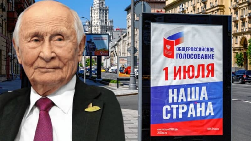 Wladimir Putin (dann 83) im Jahre 2036: So sieht ihn die russische Opposition. (Bild: AFP, FaceApp, krone.at-Grafik)