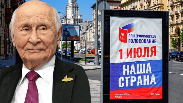 Wladimir Putin (dann 83) im Jahre 2036: So sieht ihn die russische Opposition. (Bild: AFP, FaceApp, krone.at-Grafik)