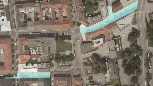 Rund um den Kardinalplatz (Mitte) werden Paradeisergasse (l.) und Salmstraße (r.) gesperrt. (Bild: KIF21)