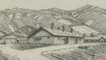Ansicht des Internierungslagers „Camp 373“ in Wolfsberg gegen die Koralpe – die Zeichnung stammt von Rudolf Schneider, etwa im Jahr 1945. (Bild: Kärntner Landesarchiv)