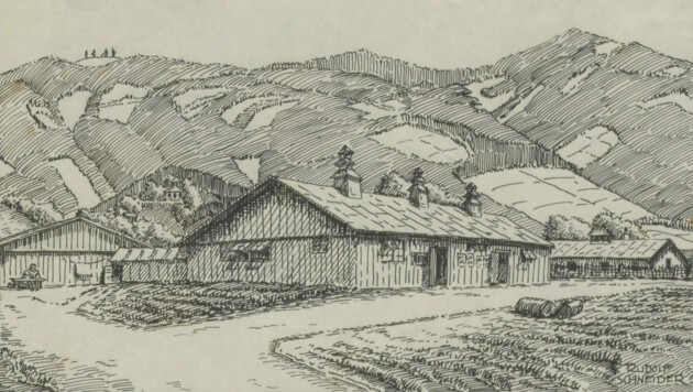 Ansicht des Internierungslagers „Camp 373“ in Wolfsberg gegen die Koralpe - die Zeichnung stammt von Rudolf Schneider, etwa im Jahr 1945. (Bild: Kärntner Landesarchiv)