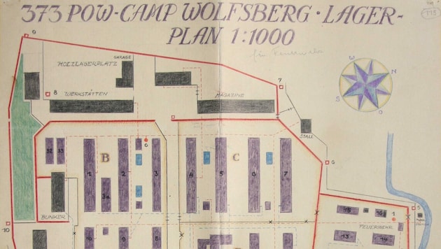 Diesen Lageplan haben die britischen Besatzer angefertigt, nachdem sie das Lager übernommen und als „Camp 373“ neu aufgestellt haben. (Bild: Kärntner Landesarchiv)