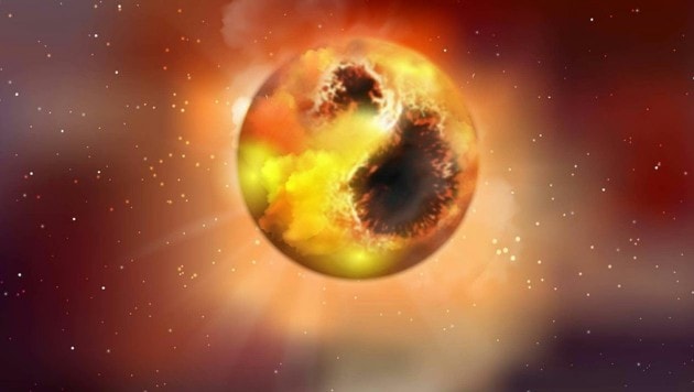 Die künstlerische Darstellung zeigt Betelgeuse, dessen Oberfläche von gewaltigen Sternflecken bedeckt ist, die seine Helligkeit vermindern. (Bild: MPIA Grafikabteilung)