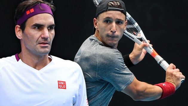 Andrew Harris (re.) attackiert Superstar Roger Federer (Bild: APA/AFP/DAVID GRAY, APA/William WEST)