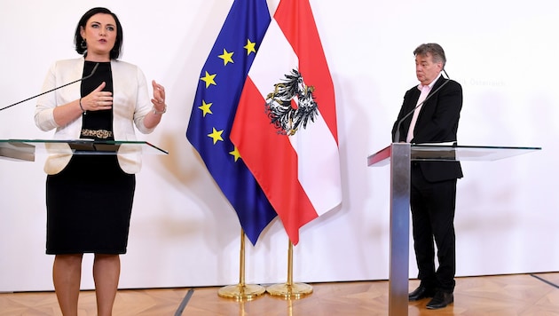 Landwirtschaftsministerin Elisabeth Köstinger (ÖVP) und Vizekanzler Werner Kogler (Grüne) (Bild: APA/ROLAND SCHLAGER)