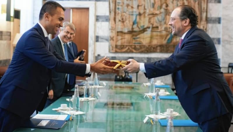 Italiens Außenminister Luigi Di Maio bekam von seinem österreichischen Amtskollegen Alexander Schallenberg eine Sachertorte als Gastgeschenk. (Bild: BMEIA/ Michael Gruber)