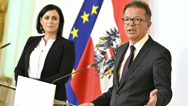 Tourismusministerin Elisabeth Köstinger (ÖVP) und Gesundheitsminister Rudolf Anschober (Grüne) (Bild: APA/HANS PUNZ)