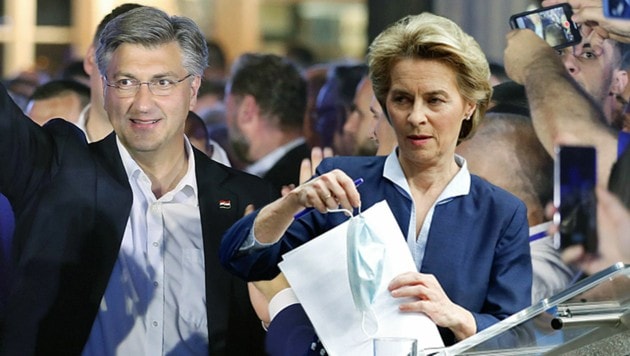 Kroatiens Ministerpräsident Andrej Plenkovic hat die Wahl gewonnen, EU-Kommissionspräsidentin Ursula von der Leyen das Vertrauen vieler EU-Parlamentsabgeordneter verloren. (Bild: APA/AFP/Damir SENCAR, AP, krone.at-Grafik)