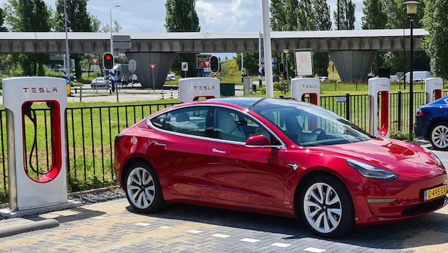 Typical picture of the Tesla Supercharger stations sprouting up from the ground: Wait or have a drink? (Bild: Tesla)