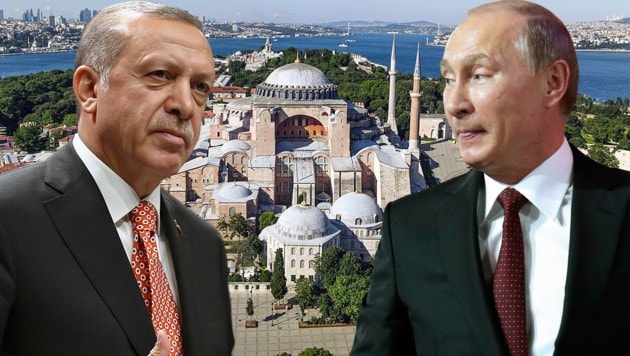 Der türkische Präsident Recep Tayyip Erdogan möchte die Hagia Sophia wieder in eine Moschee umwandeln. Sein russischer Amtskollege Wladimir Putin wird aber wohl auf das Donnerwetter in der russisch-orthodoxen Kirche reagieren müssen. (Bild: APA/AFP/Ozan KOSE, AP, krone.at-Grafik)