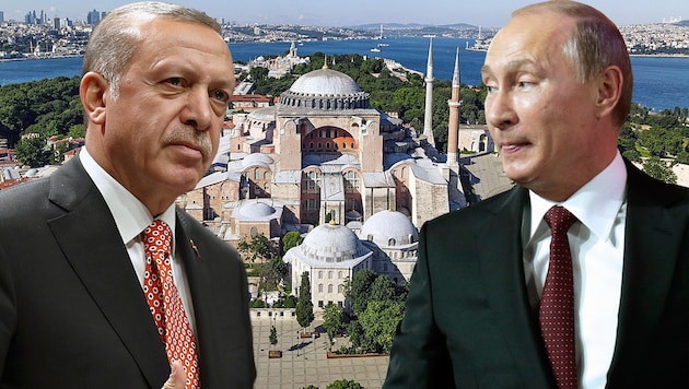 Der türkische Präsident Recep Tayyip Erdogan möchte die Hagia Sophia wieder in eine Moschee umwandeln. Sein russischer Amtskollege Wladimir Putin wird aber wohl auf das Donnerwetter in der russisch-orthodoxen Kirche reagieren müssen. (Bild: APA/AFP/Ozan KOSE, AP, krone.at-Grafik)