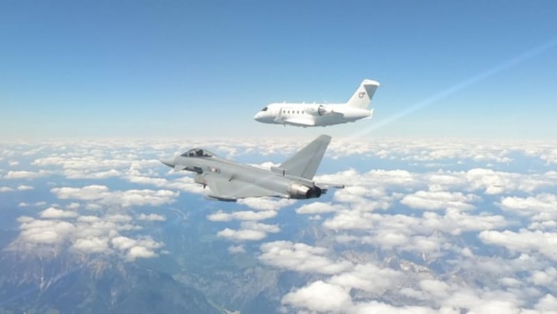 Luftaufnahme von der heutigen Abfangübung im Westen Österreichs. (Bild: Bundesheer)