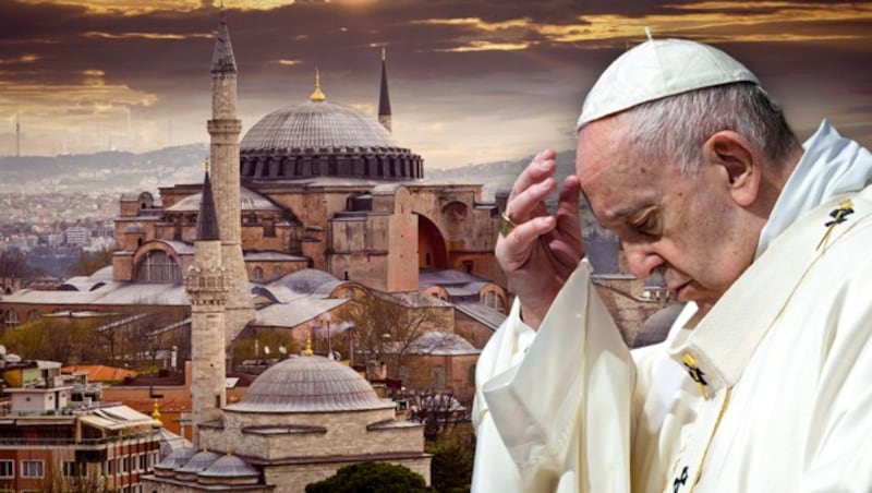 Auch Papst Franziskus brachte seinen „großen Schmerz“ über die Umwidmung zum Ausdruck. (Bild: APA/AFP/VATICAN MEDIA/Handout, stock.adobe.com, krone.at-Grafik)