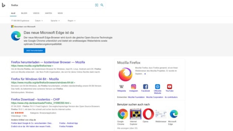 Wer bei Microsofts Suchmaschine Bing rivalisierende Browser wie Firefox oder Chrome sucht, findet derzeit erst einmal Werbung für Edge. (Bild: Screenshot, bing.com)