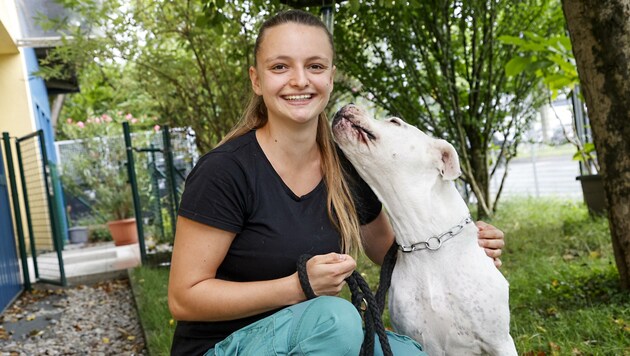 Pflegerin Sarah mit Maja: Vom schwer vermittelbaren Hund zum Schmuser braucht es Zeit (Bild: Tschepp Markus)
