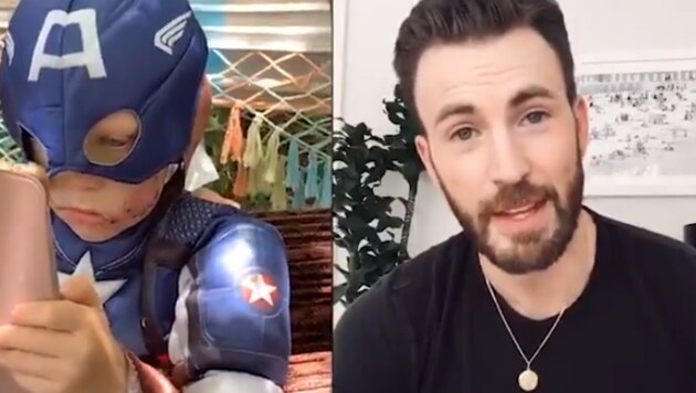 Chris Evans überraschte einen heldenhaften Buben mit einer Videobotschaft und einem „Captain America“-Schild. (Bild: twitter.com/BrandonDavisBD)