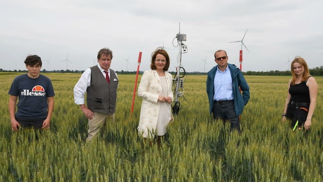 Am Versuchsfeld: Landesrätin Teschl-Hofmeister (M.) mit Direktor Breuer (2. v. li.), Projektleiter Kastelliz und Schülern. (Bild: Jürgen Mück)