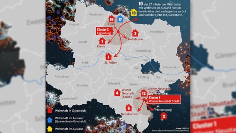 Diese Karte zeigt, wie sich die zwei Cluster in Niederösterreich ausgebreitet haben. (Bild: "Krone"-Grafik, krone.at-Grafik)