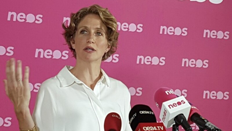 NEOS-Fraktionsführerin Stephanie Krisper bei ihrer „ersten Zwischenbilanz zum Ibiza-U-Ausschuss“ (Bild: APA/HERBERT NEUBAUER)