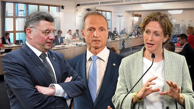 SPÖ-Vizechef Jörg Leichtfried (links) und NEOS-Fraktionsführerin Stephanie Krisper (rechts) setzten am Freitag auf direkte Konfrontation mit dem ÖVP-Abgeordneten Wolfgang Gerstl (Mitte). (Bild: APA/ROLAND SCHLAGER, APA/HELMUT FOHRINGER, krone.at-Grafik)